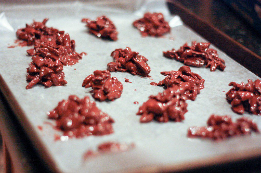 chocolate clusters on cookie sheet