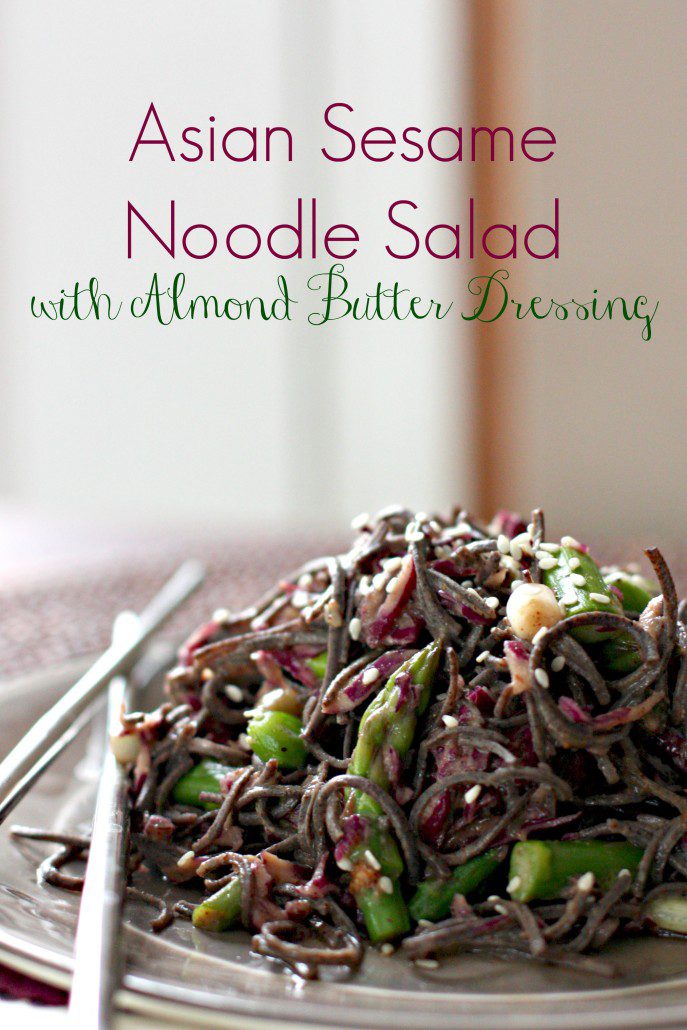 This Asian Sesame Noodle Salad with Almond Butter Dressing is the perfect dish to celebrate spring! It's vegan and gluten-free made with black bean noodles, fresh asparagus and beautiful purple cabbage. 