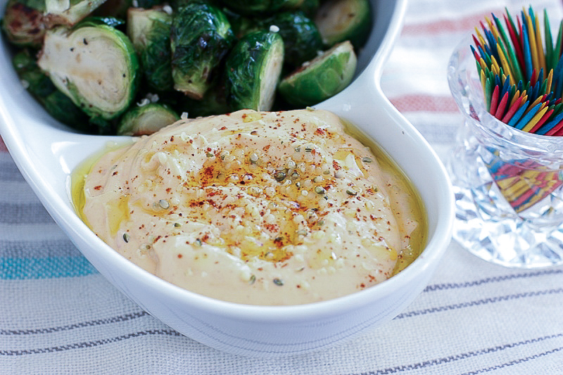 Harissa Hummus Dip with roasted Brussels Sprouts