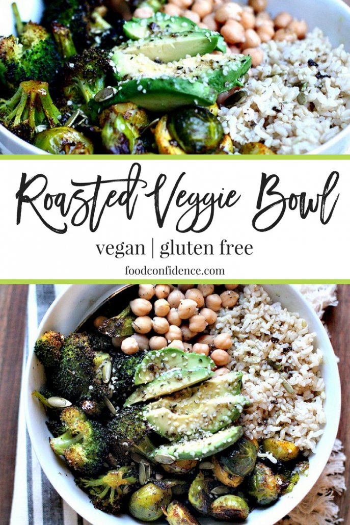 ven if you’re not the best “cook” out there, these roasted veggie bowls are so simple to put together. Next time your grocery shopping, buy 2-3 cruciferous-type vegetables you’d like to eat in the coming week, roast them up with some olive oil and sea salt and then start building your bowl with other ingredients you have on hand. I used brown rice in this bowl, but quinoa would work well, as would farro.