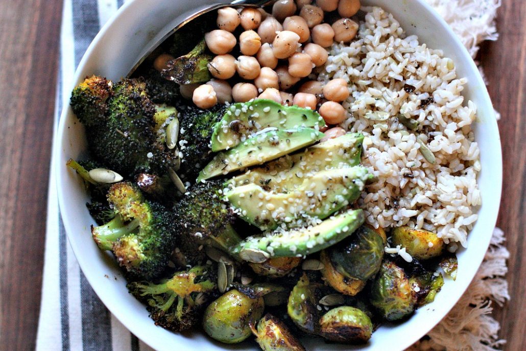 Roasted Brussels sprouts, roasted broccoli and chick peas round out this delicious veggie bowl! Avocado and brown rice add more fiber and texture. Delicious and easy! 